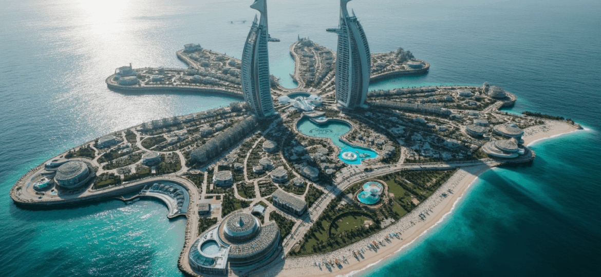 A breathtaking aerial view of a futuristic artificial